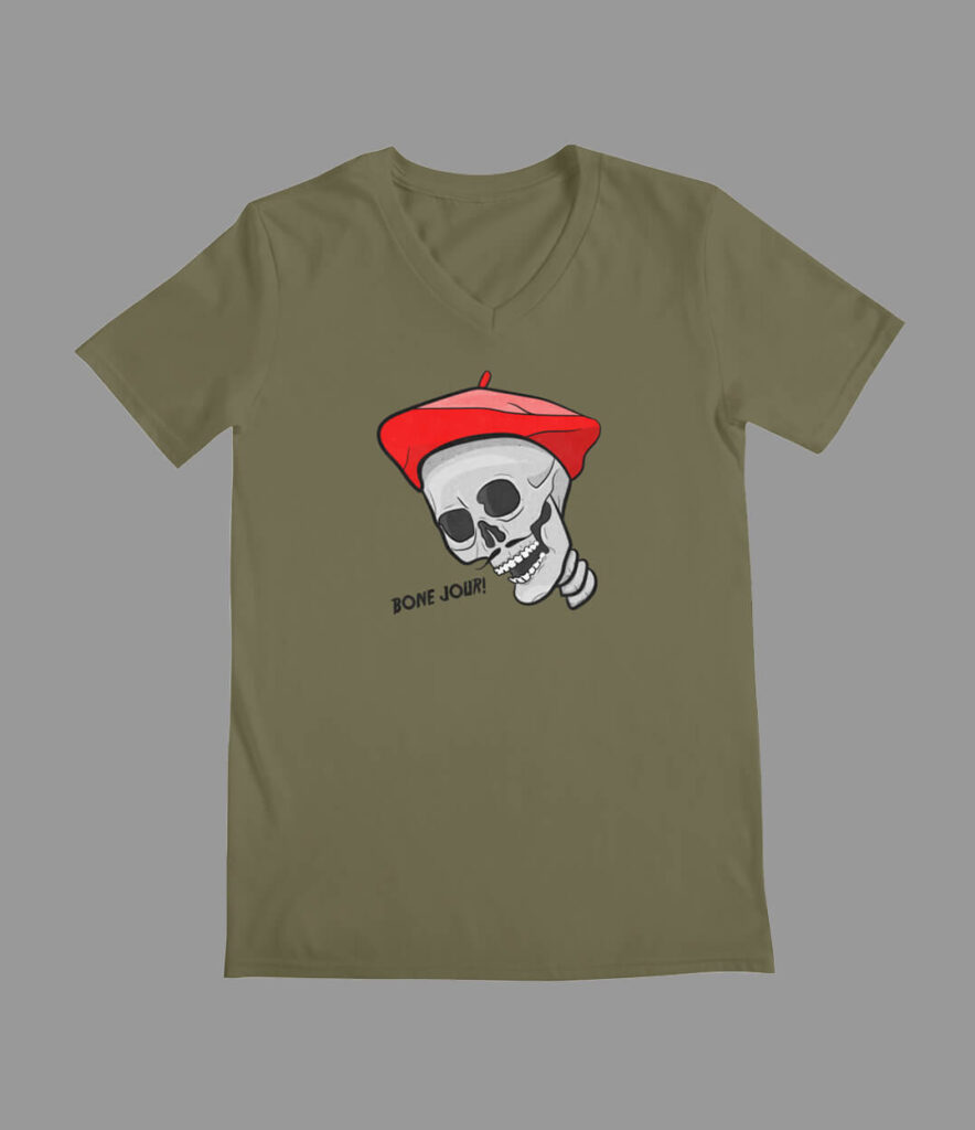 Image of a skull with a moustache and a beret and the words "bone jour" beside it.