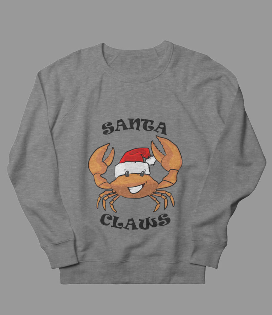 Cartoon image of a crab wearing a Santa hat with the words "Santa Claws" around it.