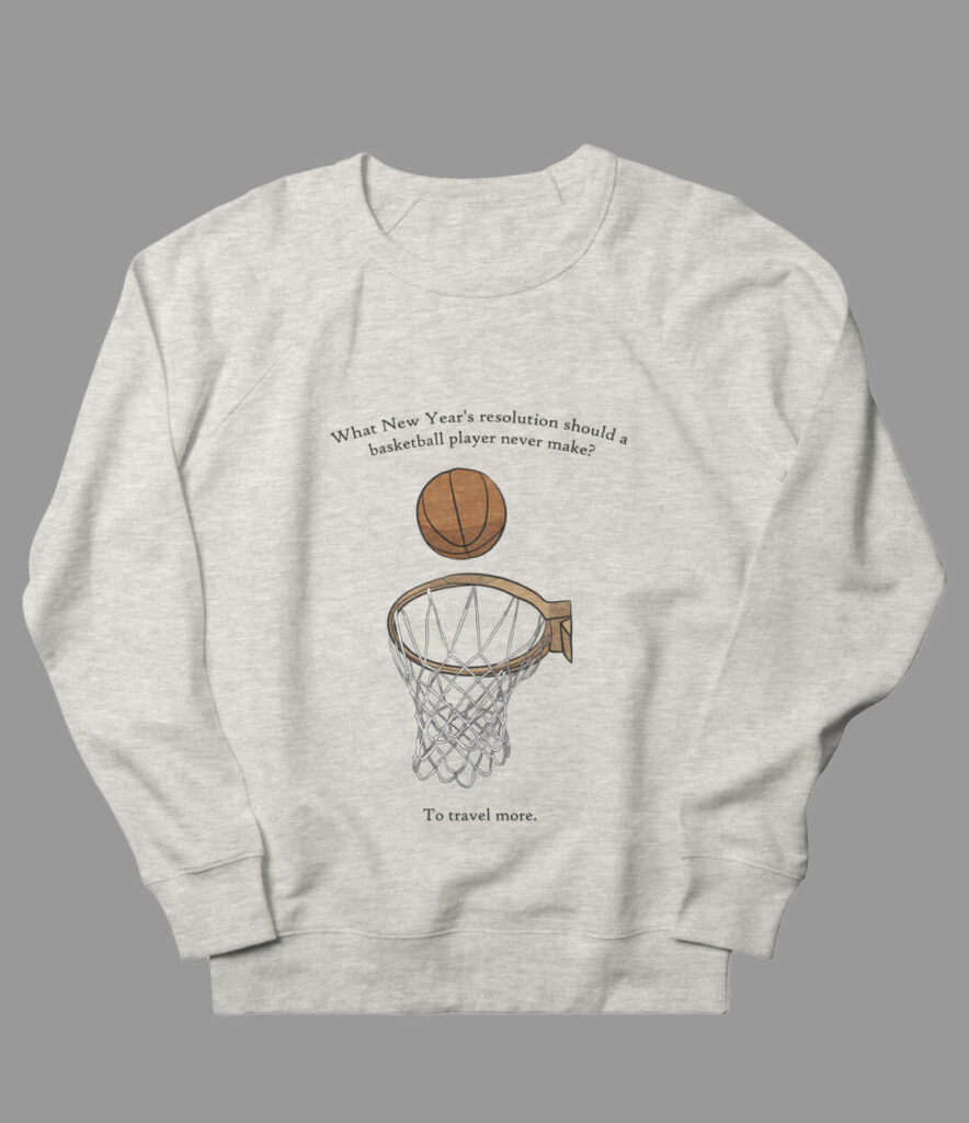 Image of a basketball and a basketball ring. The text above and below it reads "What New Year's resolution should a basketball player never make? To travel more."