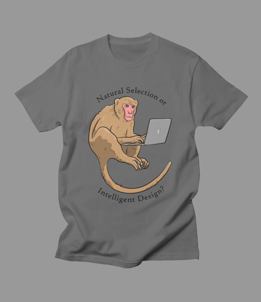 Image of a monkey working on a laptop. The words "Natural Selection or Intelligent Design?" surround the image.