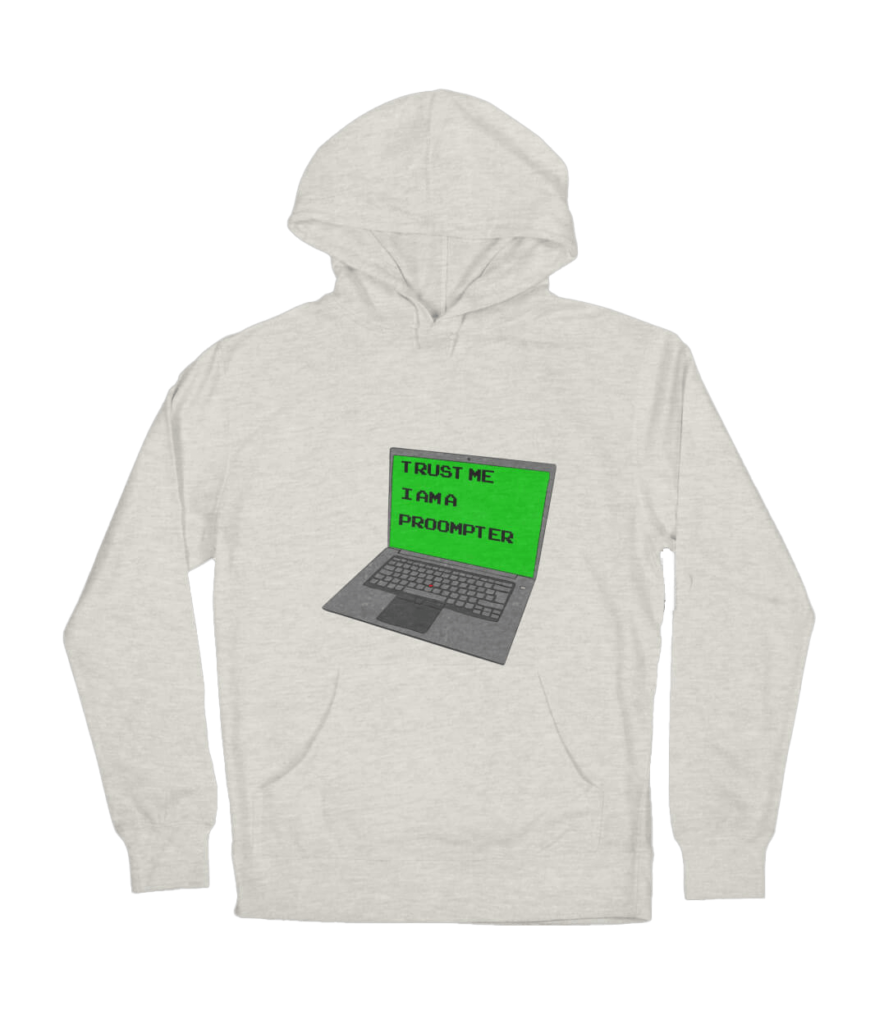 Illustration of a laptop with the words "trust me I'm a proompter" on its screen
