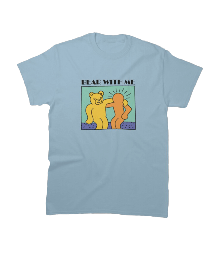 Illustration of a bear and a human in the style of keith haring. The words "bear with me" are placed above the illustration