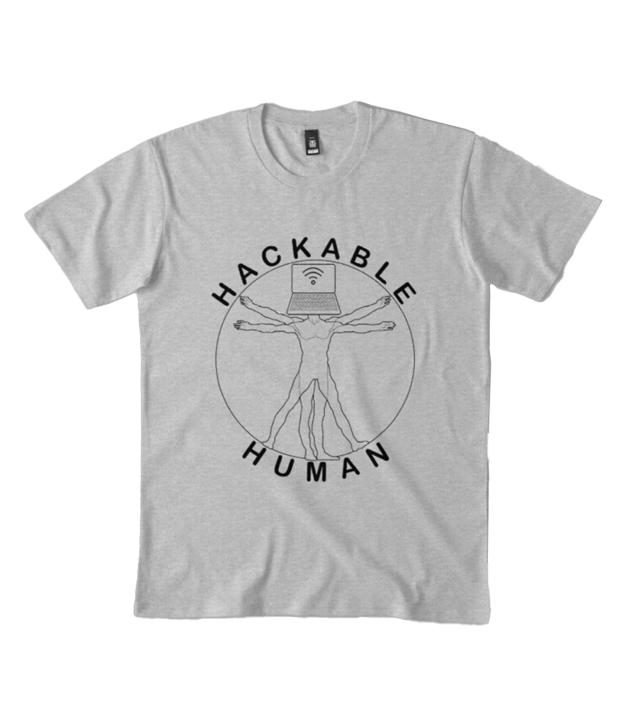 Line drawing of a human with a laptop for a head. The words around the drawing read "hackable human"