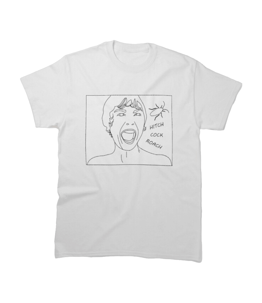 A line drawing from the famous shower scene in the film Psycho with a cockroach beside the screaming lady. The words "hitch cock roach" are next to the drawing.