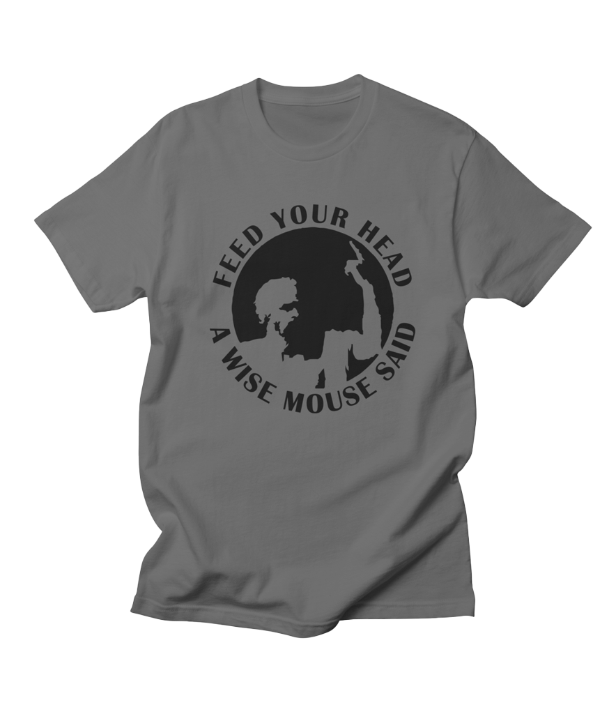 Black and white illustration of Socrates with the the words "Feed Your Head A Wise Mouse Said" around it