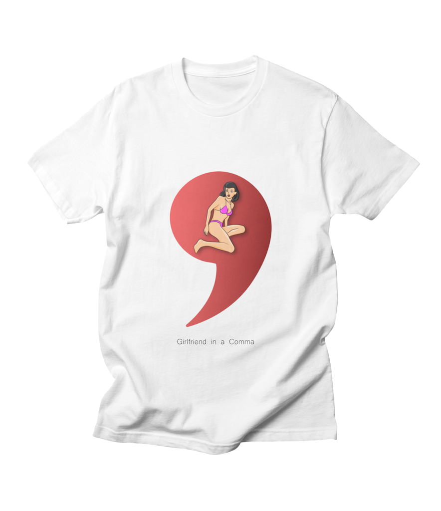 A girl in a bikini inside a big red comma. The words "Girlfriend in a Comma" written under the illustration.